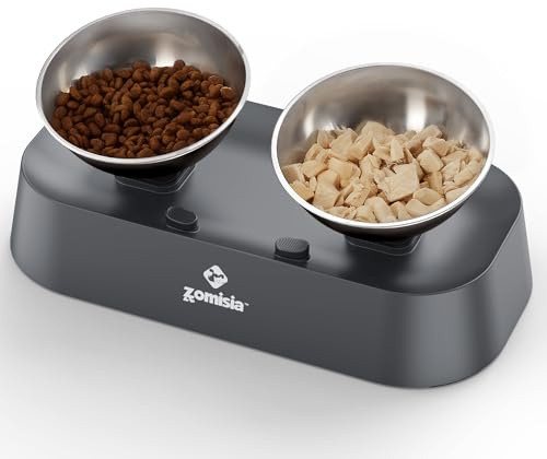 ZOMISIA Raised Cat Bowl, 3 Height Adjustable, Stand Tilted 15°, 310ml x 2 | Elevated Cat Food and Water Bowl, Neck Protective Cat Feeding Station, Stainless Steel, Anti Vomiting for Small Dogs Pets