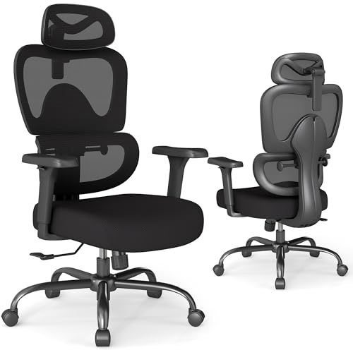 Keratee Ergonomic Office Chair, Heavy Duty High Back Desk Computer Chair with Adjustable Lumbar Support, 3D Arms, Headrest ＆ Wheels, Tilt-Lock Wide Seat for Home & Office, Black