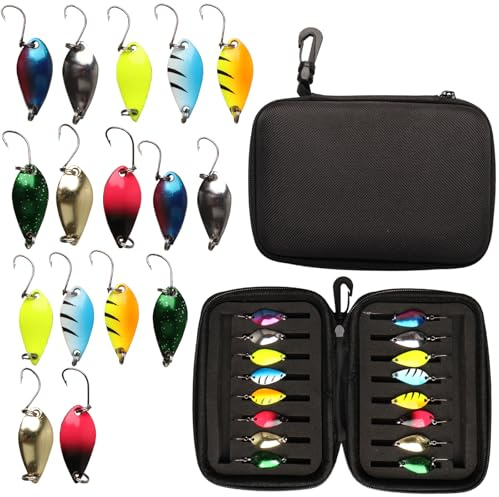 JUNJIEFU 16 Stück Forellenköder Spoons, Kunstköder-Blinker 2,5/5 g | 16 bunte Kunstköder-Blinker, je 8 × 2,5 g und 8 × 5 g, mit Einzelhaken und Aufbewahrungsbox – für Forelle, Barsch und Hecht