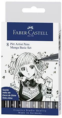 Faber-Castell 167107 Tuschestifte Set, Etui mit 8 Stiften, Feine Spitzen und Pinselspitzen in Schwarz und Grautönen, Geeignet für Präzises Zeichnen und Kreative Manga-Kunstwerke