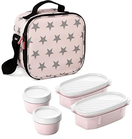 Tatay Urban Food Casual - Bolsa Térmica Porta Alimentos, con 4 Tuppers Herméticas, 2 x 0.5L, 2 x 0.2L, Color Rosa con Estrellas, Medidas 22.5 x 10 x 22 cm, 3L de Capacidad