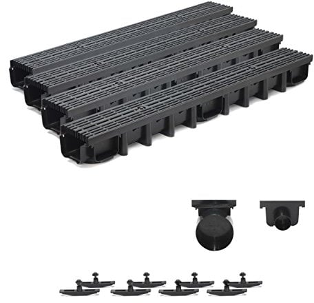 4m Entwässerungsrinne für modulares System A15 98mm, komplett Stegrost Kunststoff, Schwarz Line