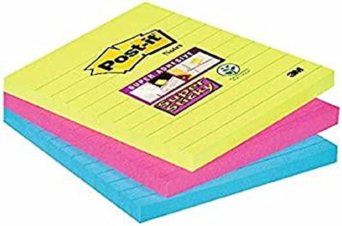 Post-it 6753SSMX Haftnotiz Super Sticky Notes, 100 x 100 mm, 3 Blöcke à 70 Blatt, liniert, neongrün, ultrapink, -blau - in weiteren Größen verfügbar