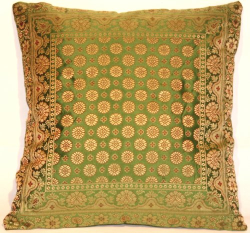 Kashmir Handicrafts Grün Indische Seide Deko Kissenbezüge 40 cm x 40 cm, Extravaganten Design für Sofa & Bett Dekokissen, Kissenhülle aus Indien (Angebot gültig nur für EIN Woche)