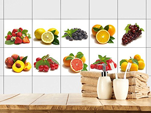 GRAZDesign Klebefliesen Küche Obst Erdbeere Früchte, Klebefliesen Wandfliesen selbstklebend - Set 10 Stück