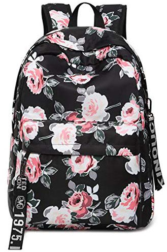 Floral School Bag Backpack for Teenage Girls, Uniuooi Secondary College School Students Satchel Book Laptop Bag Waterproof Travel Rucksack Women Ladies (Black)