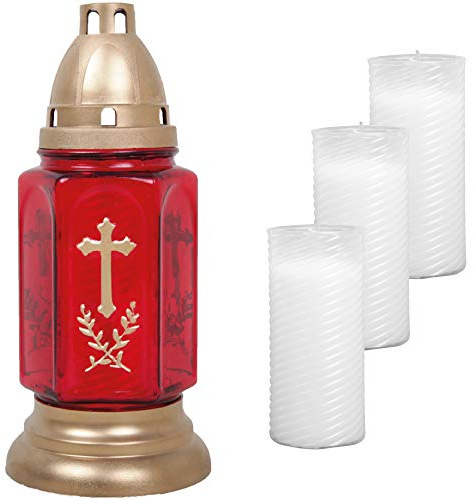 HS Candle Grableuchte aus Glas (24cm) mit Kreuz inkl. 4 Nachfüllkerzen - Design Bella rot