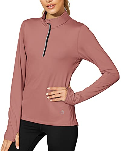 icyzone Damen Sport Langarm Shirts 1/4 Reißverschluss Laufshirt Langarmshirt mit Daumenloch Fitness Oberteile (M, Peony)