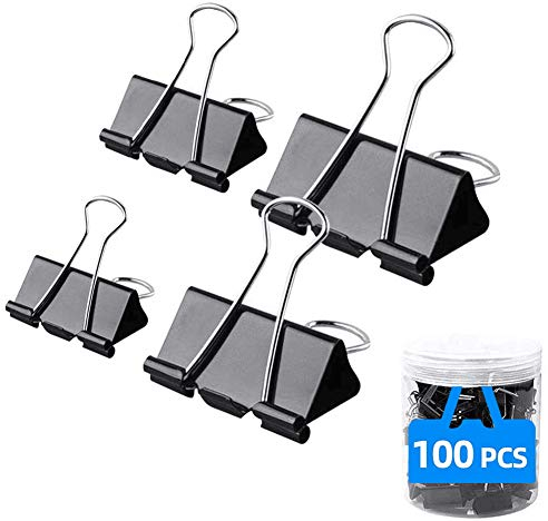 Bulldog clip dimensioni assortite, 15 mm 19 mm 25 mm 32 mm, 100 pezzi clip per raccoglitori, set morsetti per carta cancelleria, mini clip per fissare i file, chiusura sacchetto di plastica, nero