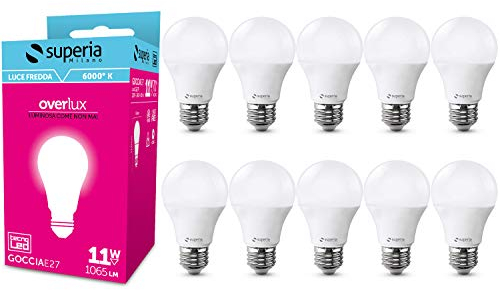 Superia Bombilla LED E27 Gota, 11W (70W Equivalente), Luz Fría 6000K RA80, Brillante 1065 lúmenes, Cubierta Opal A60, Casquillo Edison, Ahorro de Energía, Sin Parpadeo, GE27F Pack de 10