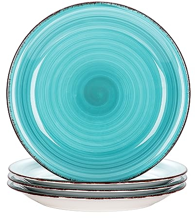 vancasso Bella Turquoise 10.5 inch Dinner Plate Set of 4, Handpainted Big Plate Set in Rustic Look, 27cm Serving Plate for Dinner/Steak/Main Course, Scratch Resistant