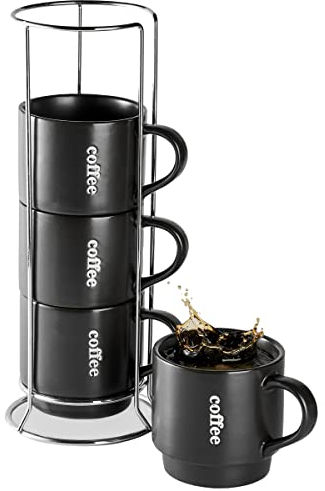 LAUCHUH Coffee Mug Set, Porcelain Stackable Coffee Mugs with Rack,15 oz Cappuccino Cups for Tea, Cocoa, Milk, Latte, Christmas, Set of 4, Matte Black