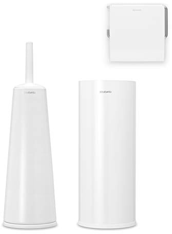 Brabantia 3 Piece Toilet Accessory Set, Toilet Brush & Holder, Toilet Roll Holder & Toilet Roll Dispenser (Drill/No Drill Wall Mounting), White