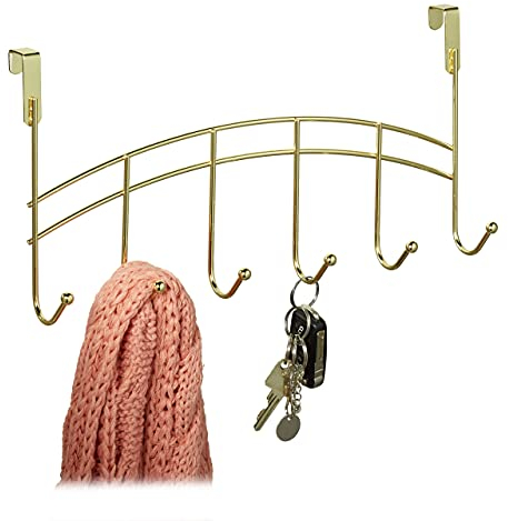 Relaxdays Türgarderobe, 6 Haken, zum Einhängen, Metall, Türhakenleiste Flur, Schlafzimmer, Bad, HBT 20x40x9 cm, Gold, 1 Stück