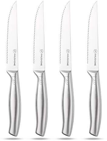 AMUSHOME Steak Knives Set of 4 – Stainless Steel Steak Knife with Sharp Serrated Edge & Ergonomic Non-Slip Handle, Rust-Free & Scratch-Resistant