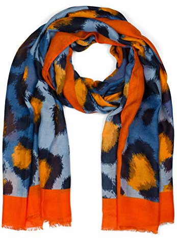styleBREAKER Damen Schal mit Abstraktem Oversize Leo Print und kurzen Fransen, leichtes Tuch, Stola 01016207, Farbe:Orange-Blau