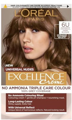 L’Oréal Excellence Permanent Hair Dye Colouring Cream, 100% Grey Coverage, With Pro-Keratin + Ammonia-Free, Universal Nudes, 6U Dark Blonde