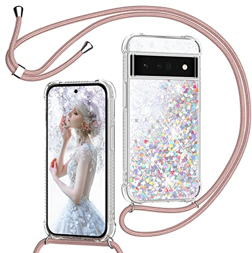 TUUTPU Handykette Hülle für Google Pixel 6 Pro mit Band, Glitzer Treibsand Handyhülle mit Kordel zum Umhängen Transparent Stoßfest Schutzhülle mit Kette Schnur, Quicksand Necklace Case in Roségold