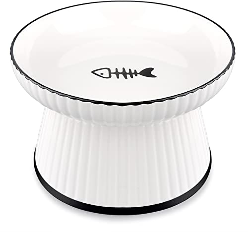 Grande Comedero Comida Gato Elevado Antivoracidad, Platos Ceramica Gatos Bol Cuenco Apto para Gatos y Cachorro Comer sin Estrés, Tazón de Gato Antideslizante Raised Cat Food Feeding Bowl (Blanco)