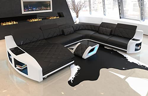 XXL Sofa Wohnlandschaft Swing Ledersofa U Form - mit LED & USB, verstellbare Kopfstützen, Recamiere (Ottomane Links, Schwarz-Weiß)