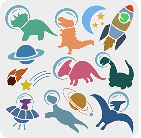 FINGERINSPIRE Schablone „Dinosaurier im Weltraum“ 30x30cm Astronaut Tier Jura ausgestorben Silhouette Malschablone Malvorlage wiederverwendbar Kreideschilder, Schablonen für Fensterwand
