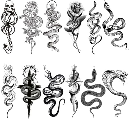 SNOWZAN 12 Feuilles Serpent Tatouages Temporaires Femmes Hommes Marque Sombre Mangemort Tatouages Noir Tatouage Serpent Faux Tatouages Autocollants Imperméables Tatoo Décor Halloween Fêtes Costume Acc