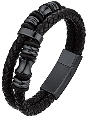 Bestyle Armband Herren Schwarz Leder 21cm Armkette Männer Punk Armbänder mit Magnet Verschluss