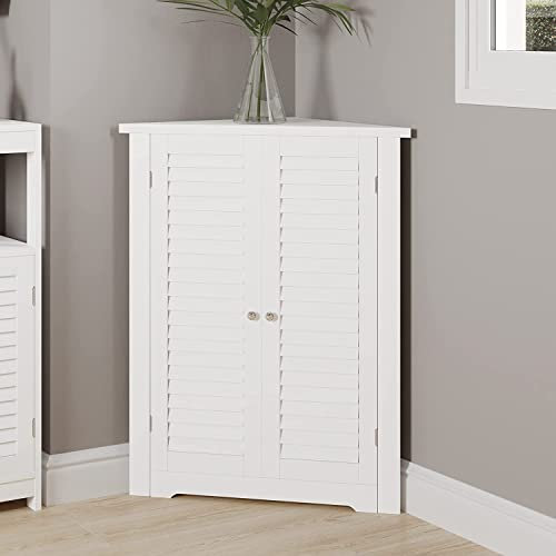FEFE® White Wooden Triangle Free Floor Standing Kitchen Bathroom Space Saving Cabinet Shelf With Shutter Doors Single Door, Adjustable Shelf, for Living Room, Kitchen, Entryway