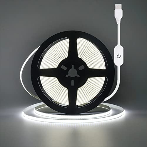 Wisada Dimmbar COB LED Streifen 3m, DC5V 320LEDs/m Flexibler LED Lichtband, Innenbereich Nicht Wasserdichte Kalteweiß USB LED Band Lichterketten mit Löten Sie Weiß Touch Dimmer für Party(FPCB:5MM)