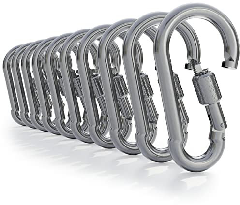 FLAGLY Schraubkarabiner groß 70x7 mm Stahl verzinkt, Silber - 10 Stück - Industriequalität ähnlich DIN 5299 Form: C, Tragkraft = 130 kg; Bruchlast = 260 kg, Karabiner Schraubverschluss