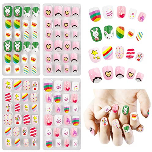 Obidodi Kids False Nails, Girls Press on Nails Short Full Cover Fake Nail Kits, Kids Stick on Nails Girls Children Nail Design Decoration, False Nails for Kid Kit (Rainbow, 96pcs)