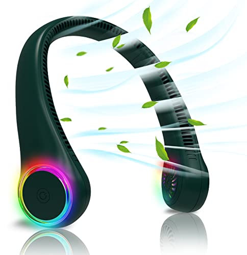GULAKI Bladeless Portable Neck Fan - Rechargeable Hands Free USB Personal Fan Battery Operated with LED lights for Home Office Travel Indoor Outdoor (Dark Green)