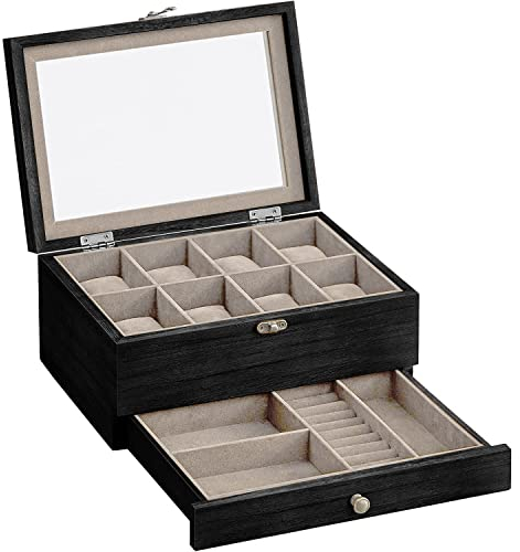 SONGMICS Uhrenbox mit 8 Fächern, Uhrenkasten aus Massivholz, mit Glasdeckel, Uhrenkissen, Schmuckaufbewahrung, Geschenk für Ihre Liebsten, ebenholzschwarz JOW008B01