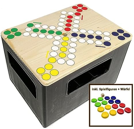 Bierkastensitz Raus mit dir inkl. Spielfiguren und Würfel als Geschenkidee, Sitzauflage aus Holz für Getränkekisten