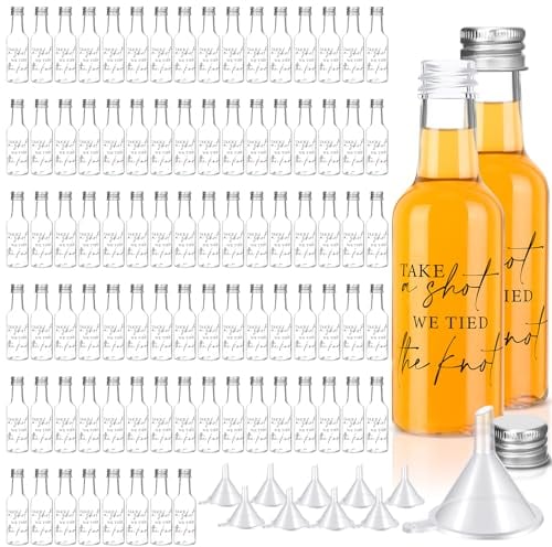 Bokon 100 Pcs Mini Wedding Liquor Bottles Take a Shot We Tied The Knot Shot Glasses for Guests 1.7 Fl Oz/ 50 ml Plastic Reusable Empty Bottle with Cap Funnel Acrylic Mini Glasses for Bridal (Silver)