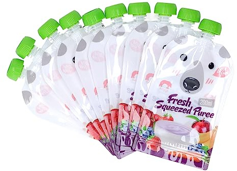 Lot de 10 Sachets Alimentaires Réutilisables, 200 ML, Rechargeables, Portables, à Presser, Sac de Conservation des Aliments pour bébé, pour Purée de Fruits, Plastique sans BPA