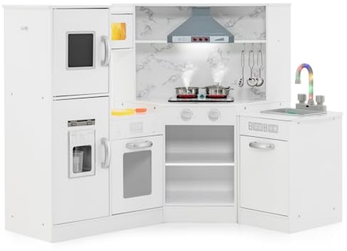 DREAMADE Kinderküche aus Holz mit 16 TLG. Spielzubehör, Kinder Küche Eckküche mit Tafel Herd Spüle Backofen, Spielküche mit Licht und Sound für Kinder Mädchen ab 3 Jahren(Weiß)