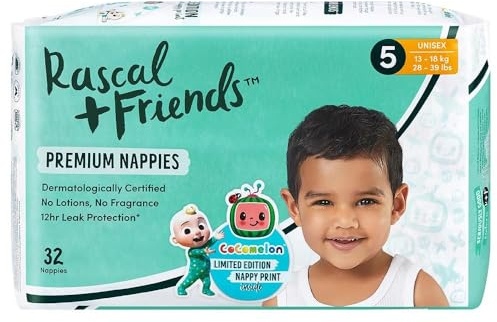 T Rascal + Friends Premium-Windeln, Uni, 13-18 kg, Größe 5, 32 Stück, umweltfreundliche Babywindeln, nachhaltige Windeln, verbesserter Auslaufschutz, sicher & bequem