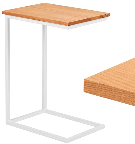 LAMO Manufaktur Beistelltisch | Laptoptisch | Sofatisch | mobiler Kaffeetisch | Nachttisch | 50x35x67 cm | Gestell Weiß | 100% Echtholz Massiv Platte Farbe: Natur