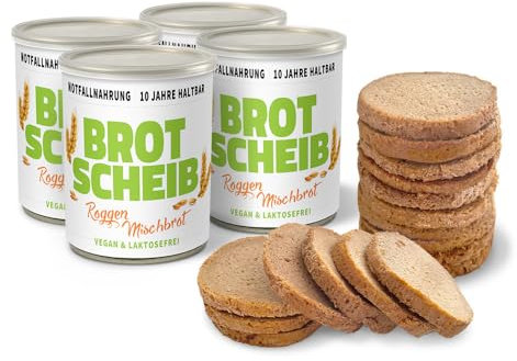 ration1 Roggen-Mischbrot 4 x 350g, Dosenbrot 10 Jahre haltbar, abgepacktes Brot in der Dose, vegan & laktosefrei, Notfall Ausrüstung, Notfallnahrung lange haltbar, Outdoor Nahrung, Camping Zubehör