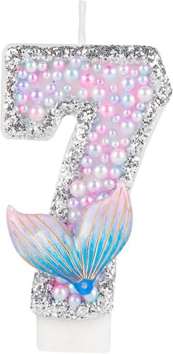mciskin Mermaid Tail Number 7 Birthday Candle, Sparkler, Pink Purple Pearls, Glitter, Unisex, Novelty Candle, Mermaid Themed Party Decoration