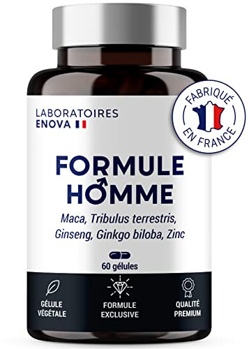 FORMULE HOMME | Vigueur, Puissance, Endurance | Complexe de Plantes : Maca, Tribulus Terrestris, Ginseng, Ginkgo Biloba, Zinc | 60 Gélules | Fabriqué en France | Complement alimentaire