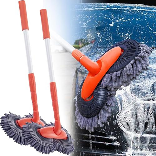 2PCS Car Wash Brush, Car Cleaning Brush, Car Washing Brush Long Handle, Rotating Double Head Car Wash Mop on a Stick, Telescopic Microfibre Car Wash Brush for Windscreen, Glass & Caravan
