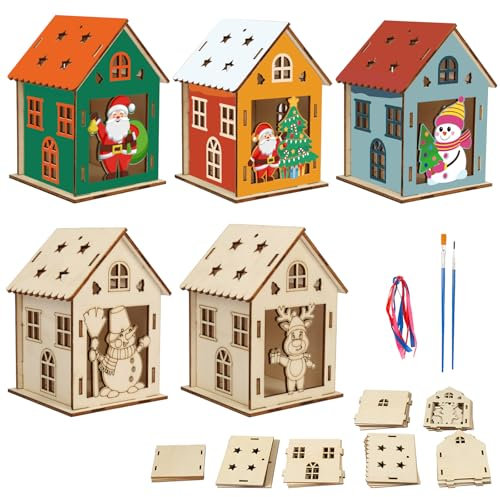 MONCAP 5pcs Kit de Bricolage Noel pour Enfant Maison Noel en Bois à Assembler et à Colorier Petite Maison en Bois Noel Pendentif Maison Noel pour Décoration Sapins de Noël Fenêtres Portes Plafonds