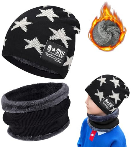 RCYHCY Kinder Wintermütze, Kinder Winter Warm Beanie Mütze und Mütze Loop Schal Set, für 5-15 Jahre Jungen Mädchen, Beanie Mütze und Schlauchschal Set mit Fleece Gefütterte, Geschenk Kinder