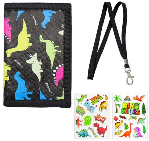 LOREC Porte Monnaie Enfant Dinosaure à Trois Volets avec Lanière et Stickers - Portefeuille pour Garçons, Voyage, Hommes - Cadeau