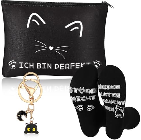 Jadive Geschenk für Katzenliebhaber Set inklusive 1 Katze Schlüsselanhänger 1 Katzenliebhaber Socken 1 Katzen Kosmetiktasche für Mama Frauen Katzenmütter Geschenk zu Weihnachten Geburtstag