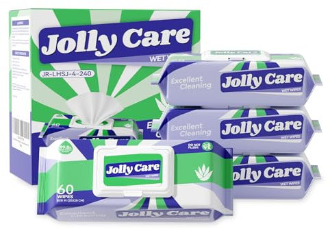Jolly Care Wet Wipes for Adults, Cleansing Multi-Tasking Wipes, Disposable Unscented Wipes, 99% EDI Pure Water and Aloe, 4 Flip-Top Packs (240 Wipes Total)