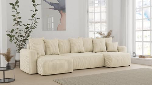 COMFORTINO INDUSTRIAL FURNITURE ecksofa mit schlaffunktion und bettkasten Denver u-Form Sofa Couch mit bettkasten, 3-Sitzer eckcouch, schlafsofa für Wohnzimmer, Sofa Couch mit schlaffunktion (Beige)