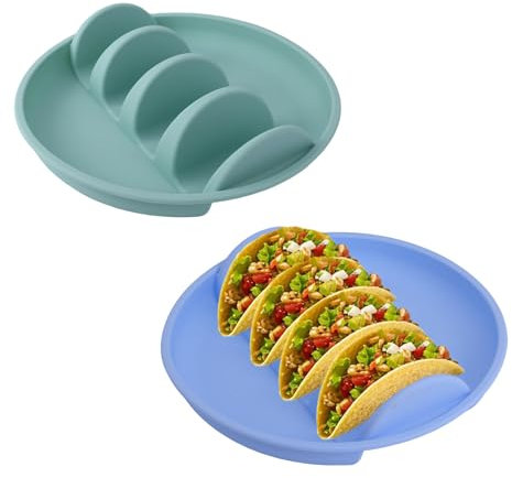 BOXOB Silicone Taco Plate Holder Set of 2, Anti-Slip Serving Tray with Dividers Dishwasher & Microwave Safe Holder Stands for Soft and Hard Tacos